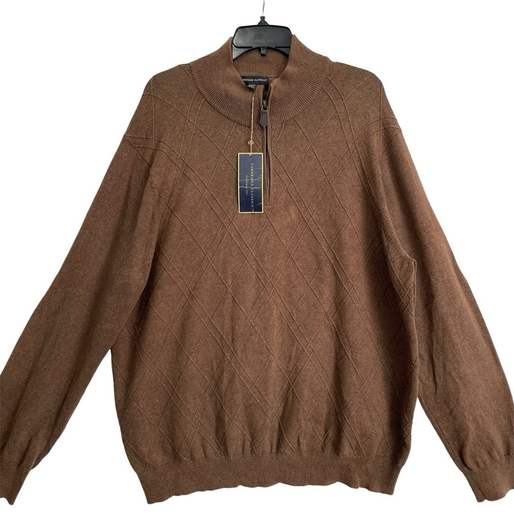 Cambridge Classics Quarter Zip Sweater Men XL Brown Diamond Texture Cotton